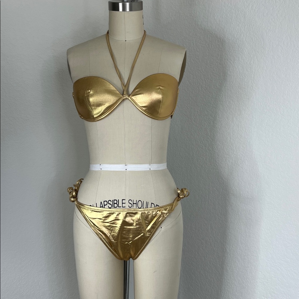 SOLID & STRIPED Pia Gold Halter Side Tie Underwire Metallic Bikini Set